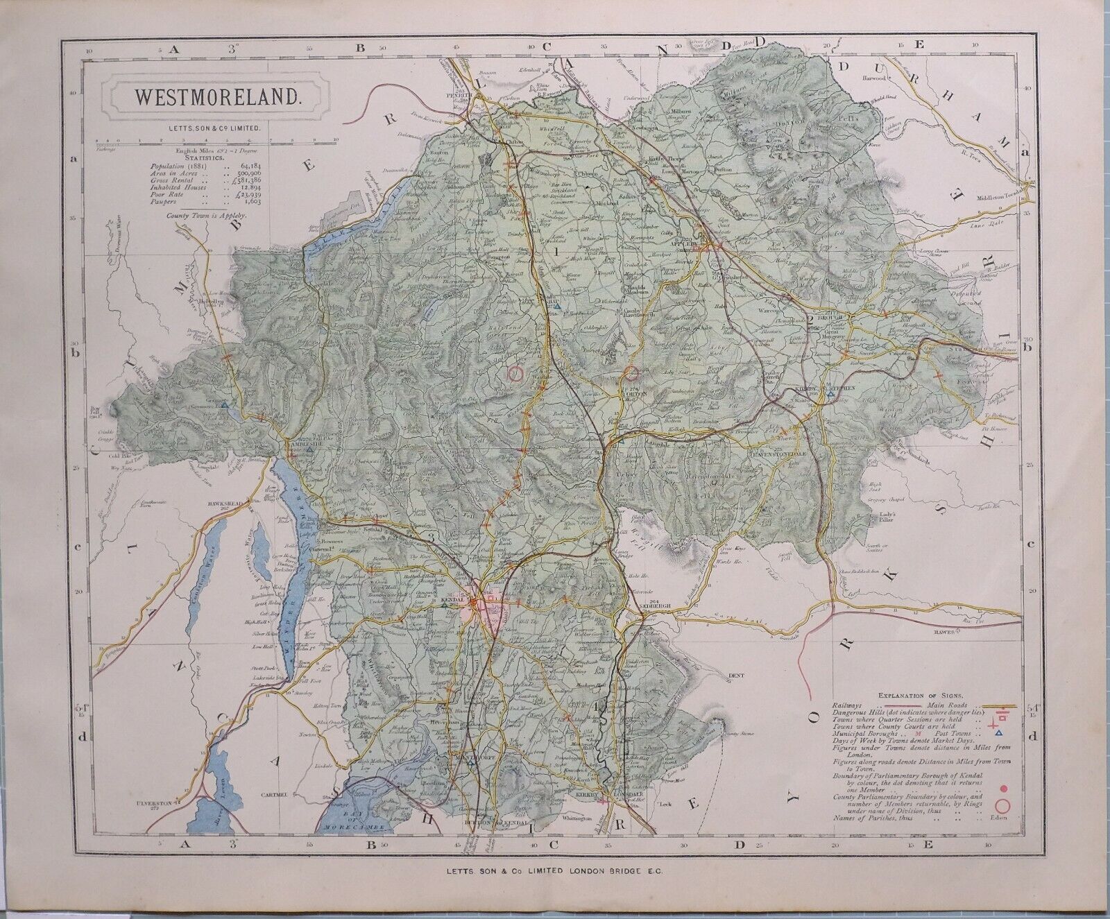 1884 COUNTY MAP WESTMORELAND Branded mart goods RAILWAYS KENDAL AMBLESIDE APP ROADS
