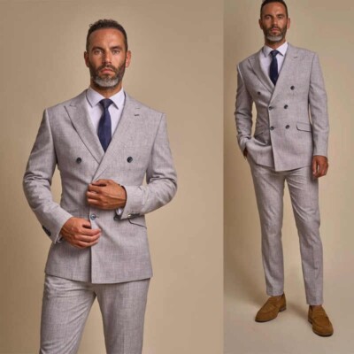 Men Suits Peak Lapel Double Breasted Formal Prom Groom Tuxedos Jacket Trousers