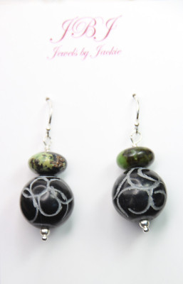 Chrysoprase Roundel and Jade Ball Gemstone 925 Sterling Silver Earrings 1.50''