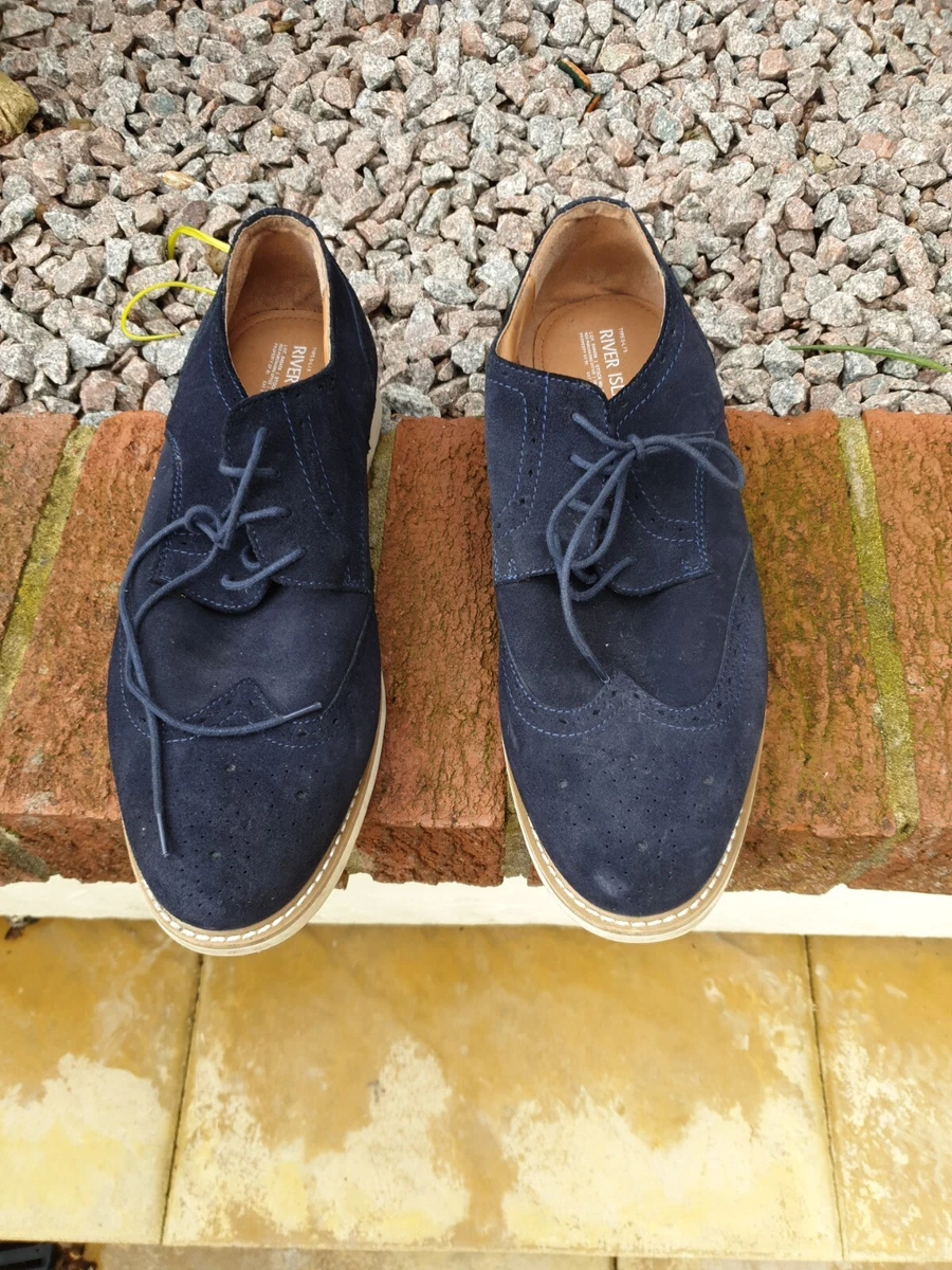 MENS RIVER ISLAND UK 10 EU 44 NAVY BLUE SUEDE LACE UP SMART FORMAL DERBY SHOES