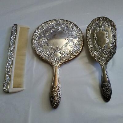 Silver Plated 3 Piece Comb Brush Mirror, Silver Vanity Set Brush And Mirror