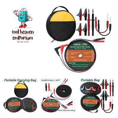 2 Wires 30FT 18AWG Retractable Test Leads with Cable Bag and Dual Ended Elect...