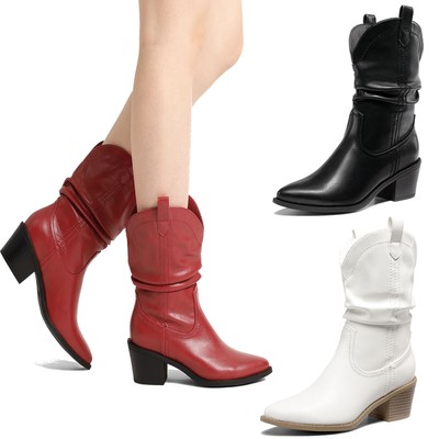 Women Cowboy Cowgirl Western Boots Cuban Heel Pointed Toe Pull On Mid Calf Boots