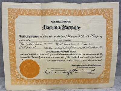 1930 Marmon Roosevelt Warranty Sales Receipt Photos Of Original Vehicle Ephemera