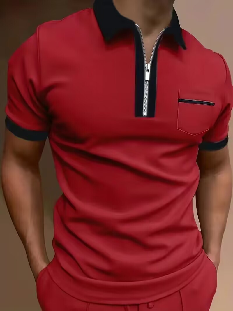 Camiseta Polo Cuello Cremalera Rojo Sólido Ribete Negro Golf Deporte Bolsillo