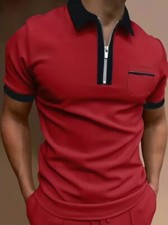 Polo Shirt Zipper Collar Red Solid Black Trim Zip Golf Sport Pocket T-Shirts Tee