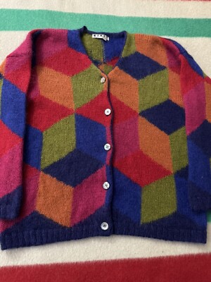 Vintage 70s 80s Mohair? Geometric Cube Colorful Cardigan