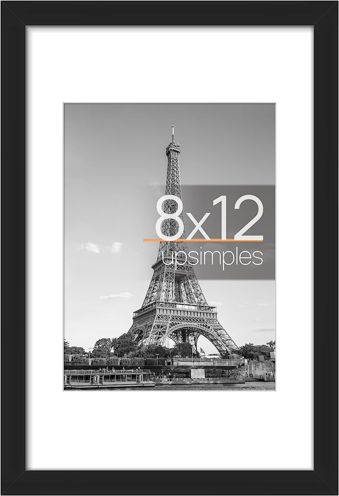 Picture Frame 8X12 , Display Pictures 6X8 with Mat or 8X12 without Mat, Black