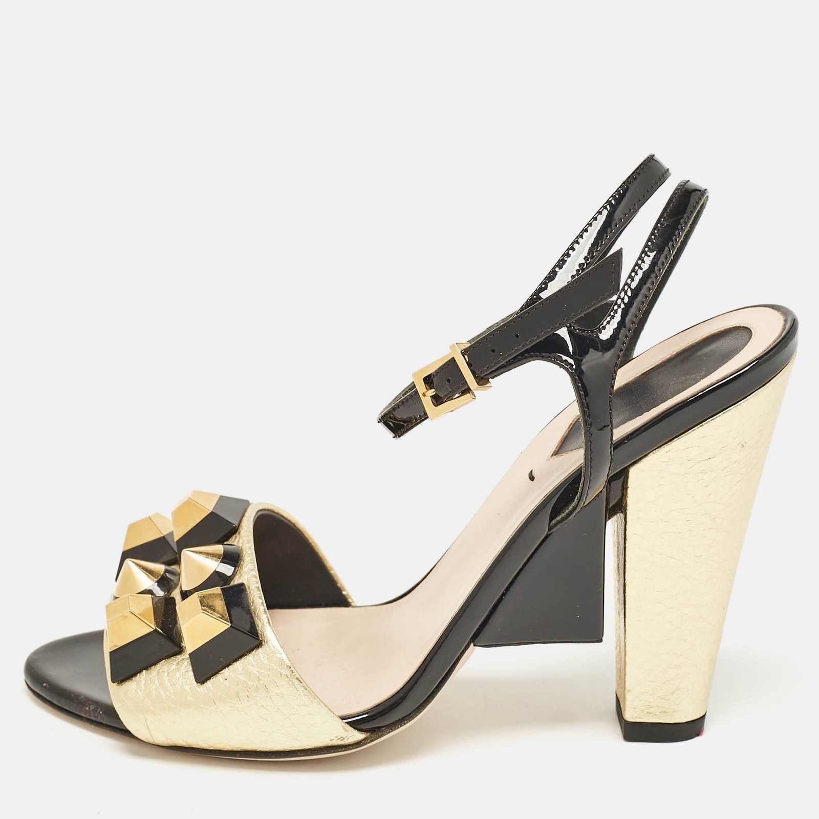 Fendi GoldBlack Leather and Patent Studded Ankle Strap Sandals Size 36