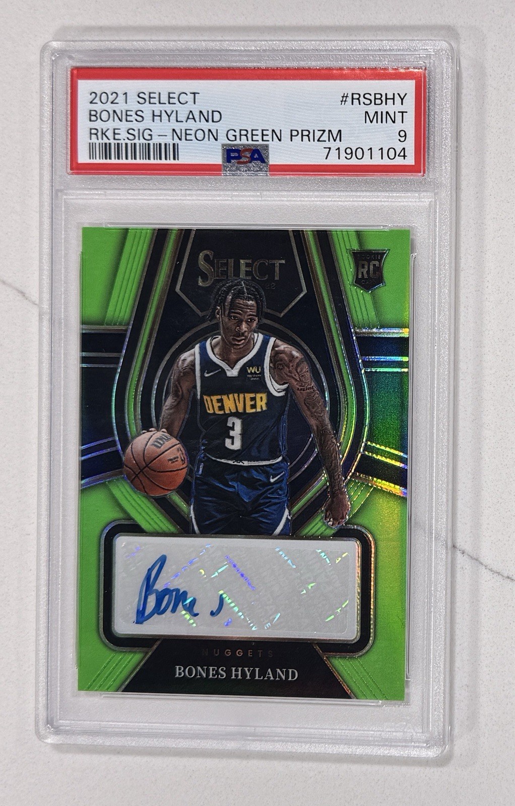 2021 Panini Select Bones Hyland Neon Green Prizm Auto 32/99 PSA 9 RC Nuggets 