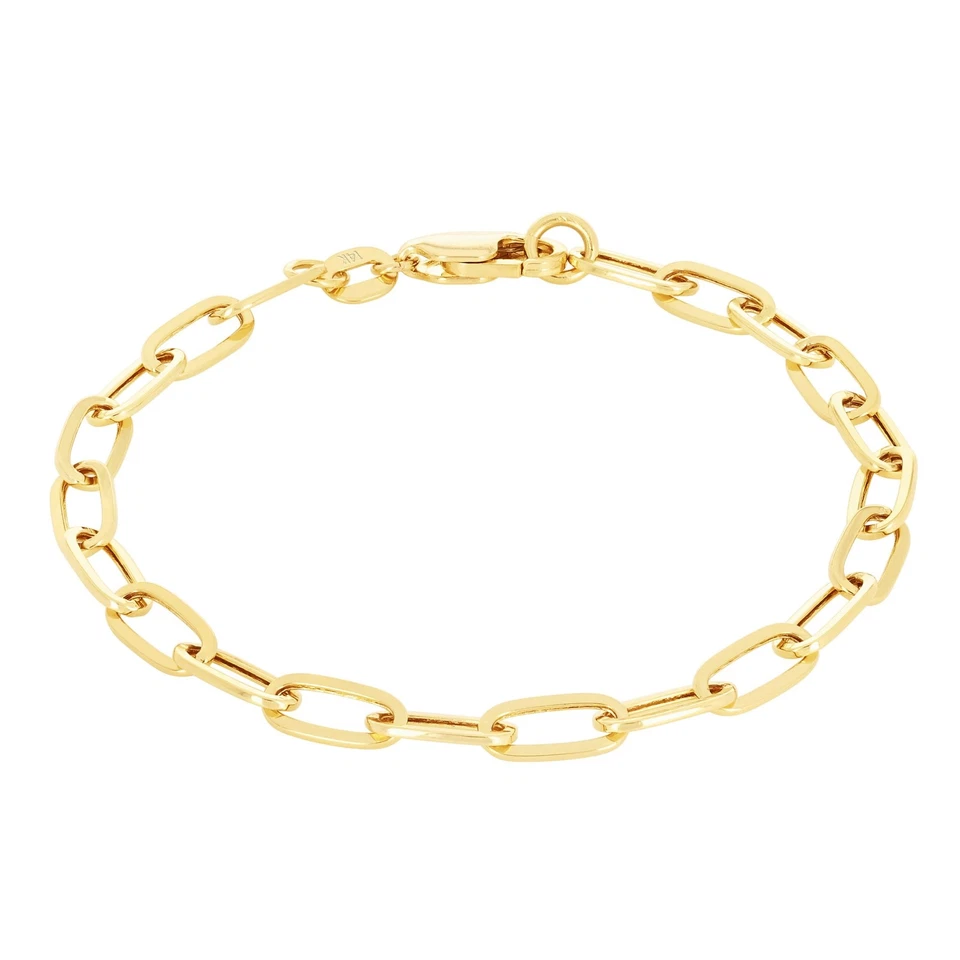Brazalete cable eslabón alargado Rolo cadena clip oro amarillo 14k 4 mm para mujer 7"