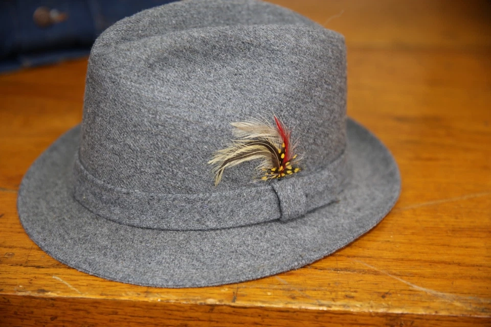 Chapéu Fedora Masculino Vintage Tweed Cinza Veludo com Pena Tamanho M EUA - Imagem 2 de 4