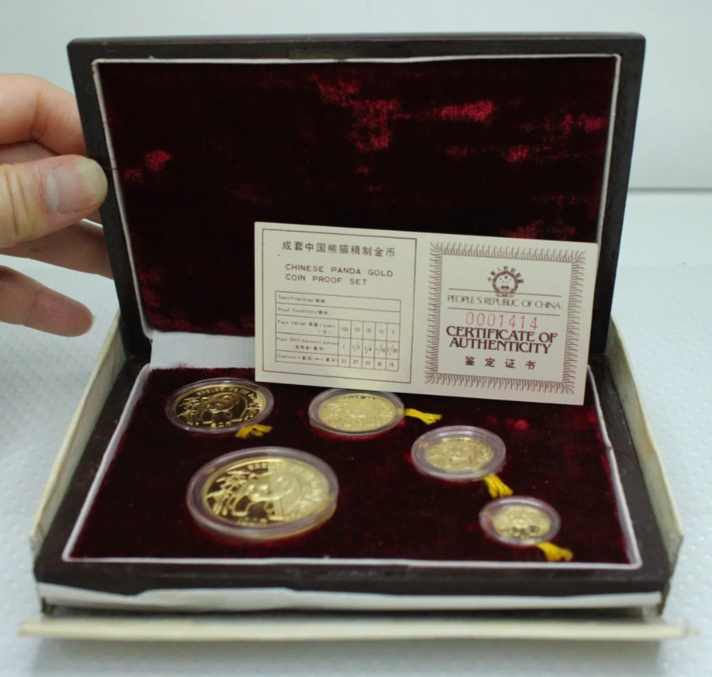 1986 China Proof Gold Panda 5 Coins Set Original Box & COA Spot