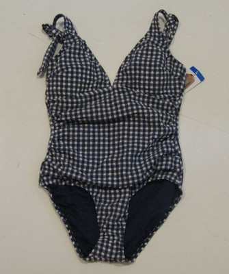 ELLEN TRACY Womens Swimsuit V-Neckline One Piece Navy Gingham Sz X-Large XL NWT