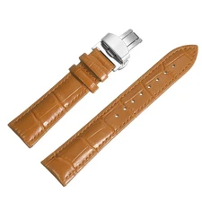 Leather Band Deployment Buckle Watch Strap 21mm Leather Strap, Orange/Silver
