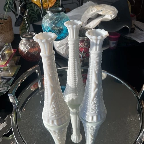 Vintage Anchor Hocking Milk Glass Vase Stars & Bars Pressed Design 9” Lot Of 3