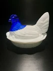 RARE! Fenton Vintage Hen On Nest Milk Glass With Cobalt Blue Head