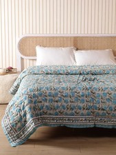 Indian Cotton Quilt Queen Twin King Size Blue Flower Block Print Bedding Throw