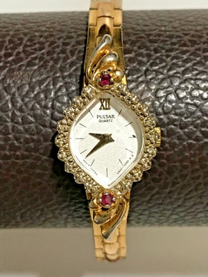#ad #ad Vintage Pulsar Quartz Genuine Diamonds Ruby Gold Plated Ladies Dress Watch $32.90