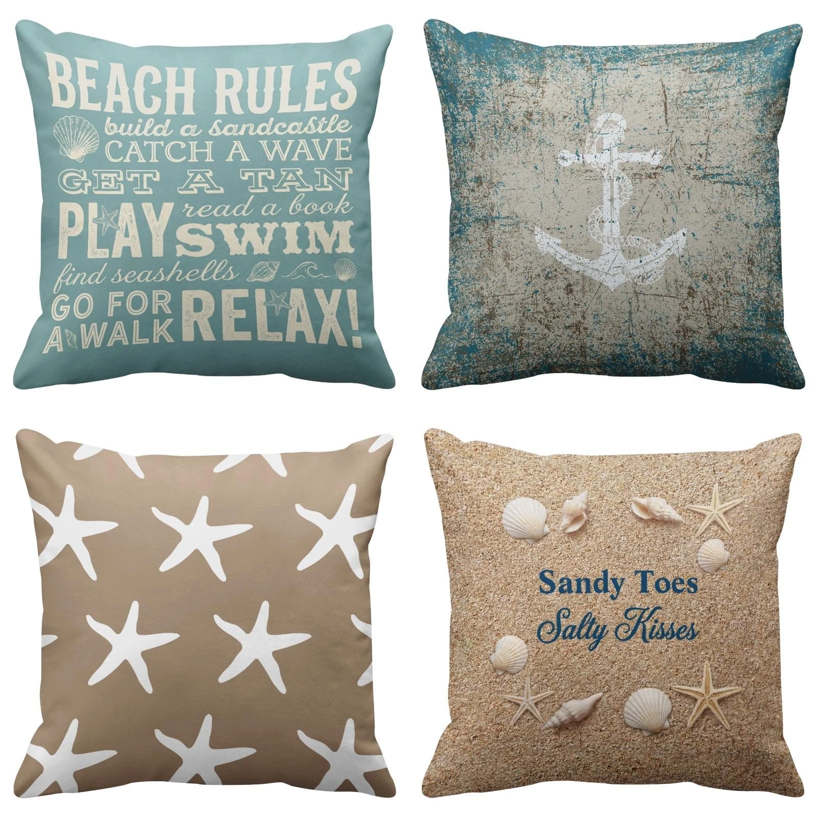 Emvency Set of 4 Throw Pillow Covers Beach Starfish Words Rules Holiday Summe...