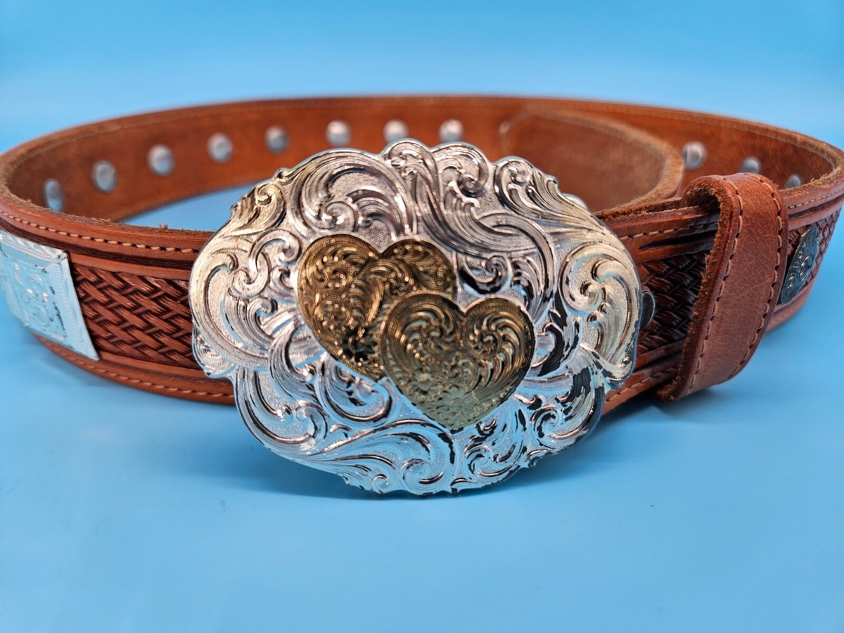 Dan Post Silver Double Heart Belt Buckle on Leather Calf Hair Rustic Belt Antique Silver Engraved Heart Buckle Genuine Full Grain  main image 4