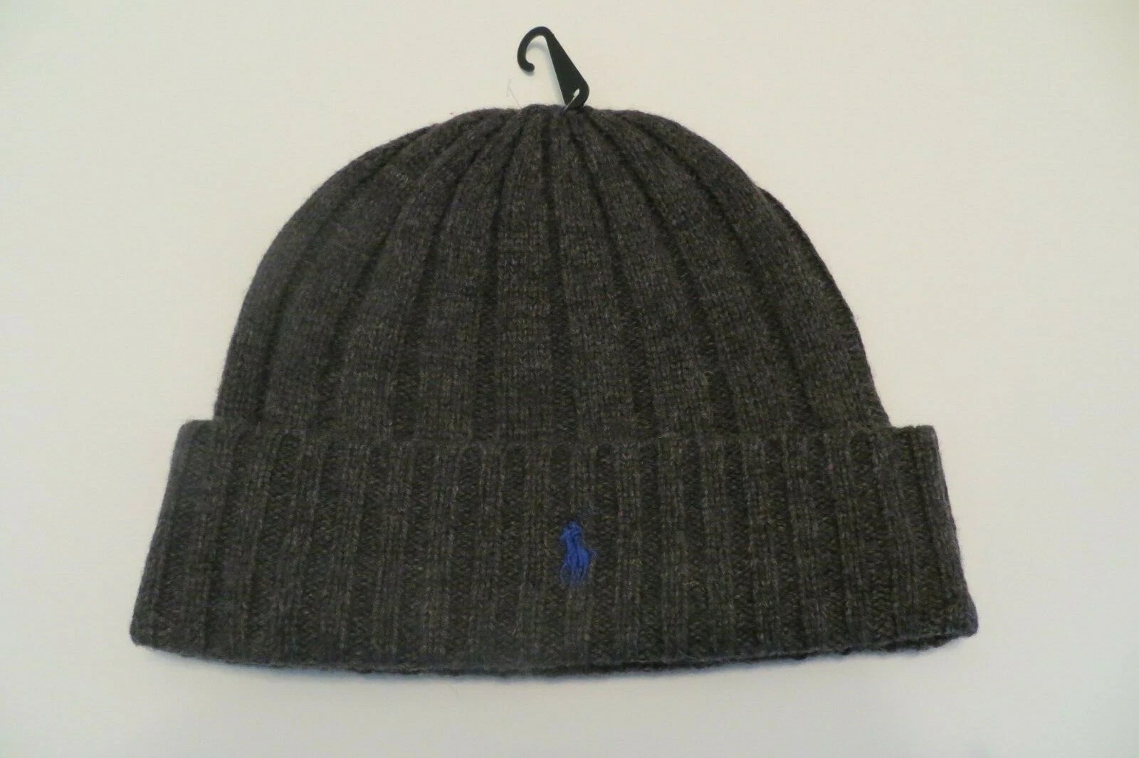 POLO RALPH LAUREN MEN'S BEANIE WOOL BLEND LOGO WIDE RIB CUFFED GRAY/ BLUE