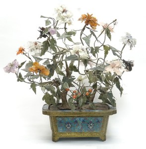 LARGE ANTIQUE QING CHINESE CLOISONNE PLANTER WITH JADE FLOWER TREE 20"x17" H max