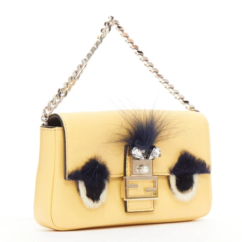 FENDI Micro Baguette butter yellow black fur eye leather top handle bag