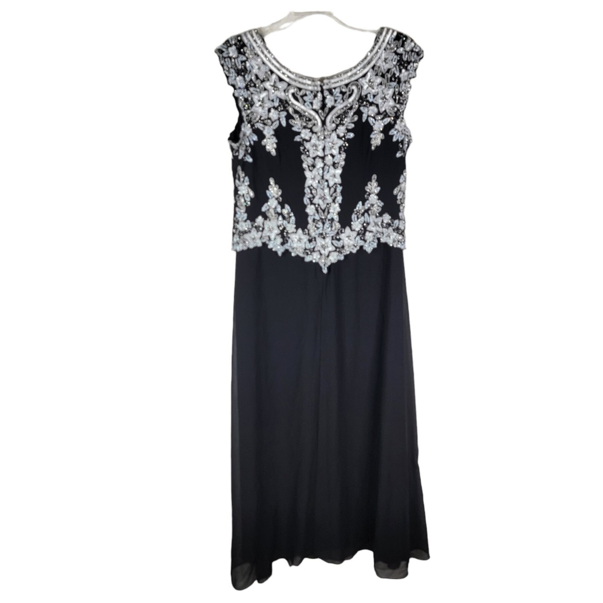 J Kara Womens Petite 8P Cap Sleeve Black White Beaded Top Long