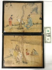 2 Very Early Antique Chinese Watercolor Paintings on Silk Signed with Seals