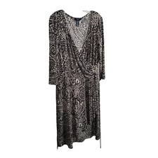 Chaps NWT Size XL Dress Jersey Knit Midi Stretch Faux Wrap Belt Abstract Black