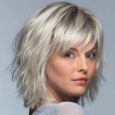 Human Hair Short Silver White Straight Wig Women's Full Wig 12 in