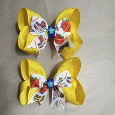 Girls Ribbon Hair Clip Bow Set of 2, Yellow White Glitter School Apple Print