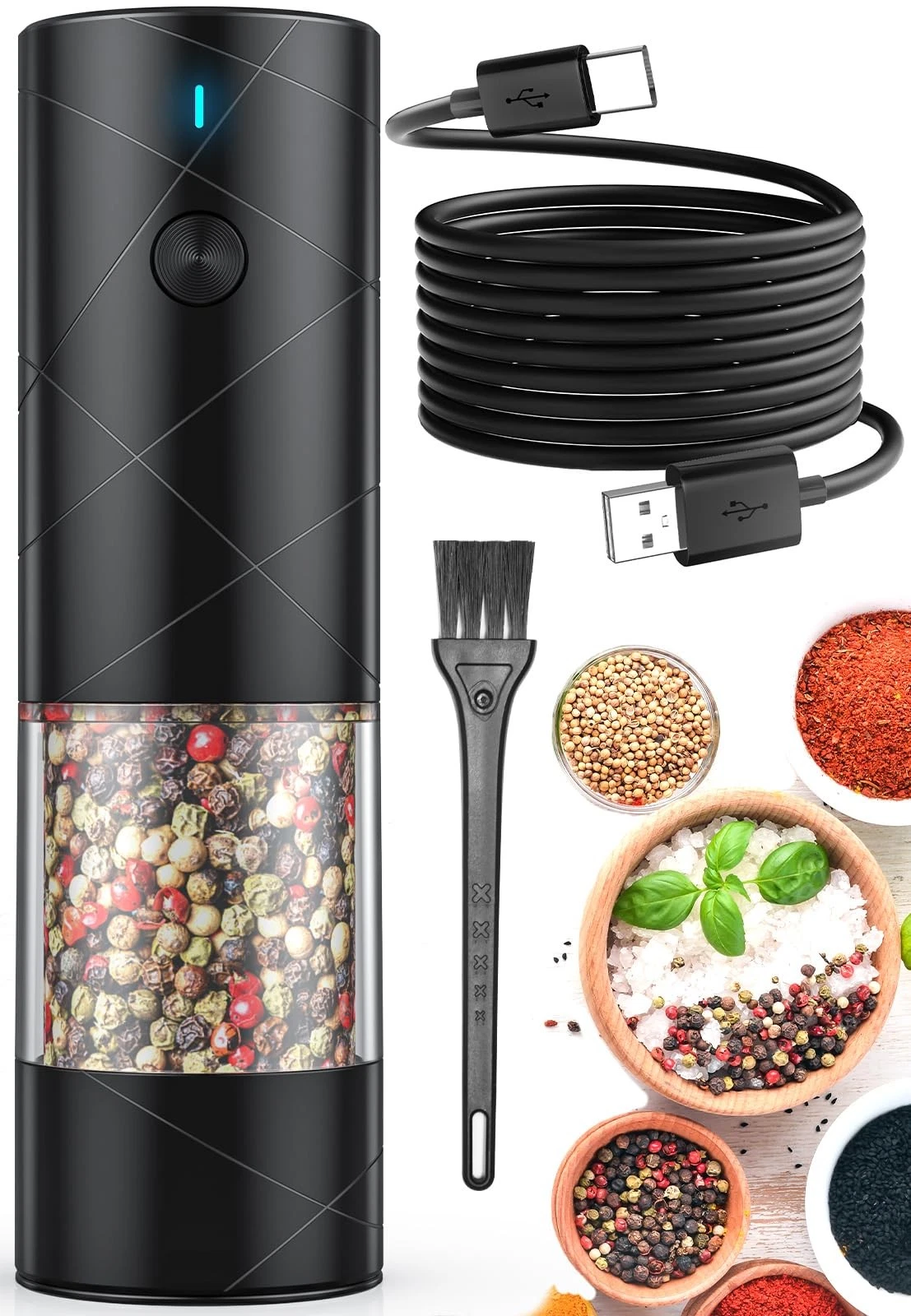 1Pc Electric Salt and Pepper Grinder USB Rechargeable with Warm LED Light, Ad...