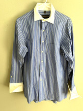 Donald J. Trump Mens Button Dress Shirt 15 1/2 32/33 Blue Striped French Cuff