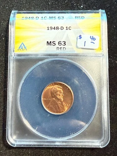 1948 D LINCOLN WHEAT CENT ANACS MS 63 RD 218