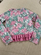 Tommy Bahama 4/5 Girls L/S Rash Guard Swimsuit Top Pink Ruffle Hibiscus