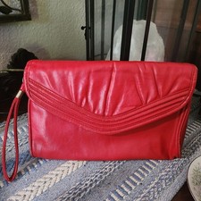 Vintage Ruched Leather Clutch Bag with Gold Tone Closure — listing 2