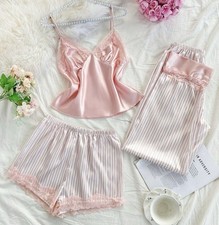 Pretty Pink Satin  Lace Camisole,Striped Pants, Shorts Pajama Lounge Set XL NEW