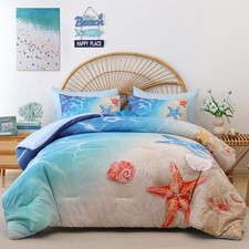 Queen Comforter Set   3 Pieces Coastal Beach Themed Bedding Set, Lightweight Sof
