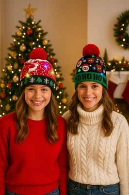 MB MÜLLER 2er Set LED Mütze Rotes Rentier & HoHoHo Weihnachtsmütze Weihnachten Strickmütze