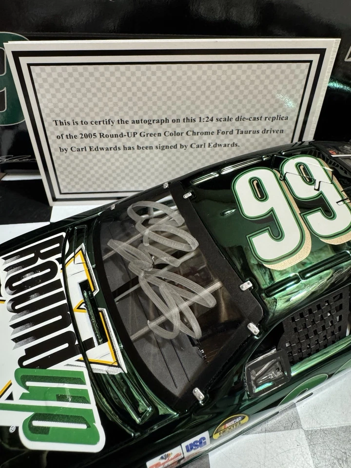 RARE* Autographed Carl Edward’s #99 RoundUp Green Chrome 2005 1/24 Diecast - Image 3 of 4