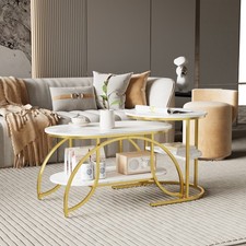 2er Set Couchtische Marmor Rund Beistelltisch Optik Wohnzimmer Satztisch Gold -
