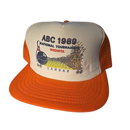 VTG ABC 1989 National Bowling Tournament Wichita KS Orange Trucker Hat Snapback