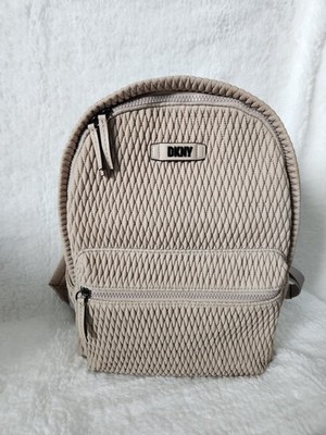 DKNY Beige Quilted Diamond Backpack Zipper Accents Adjustable Strap Brand Card
