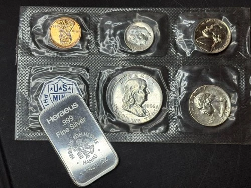 1956 Silver U.S. Proof Set With Beautiful 1 Oz Heraeus 999 Silver Bar