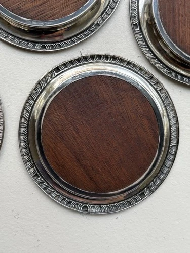 Set Of 5 Vintage Sterling Trivets With Wood Centers 925 3.70” Wide image 6