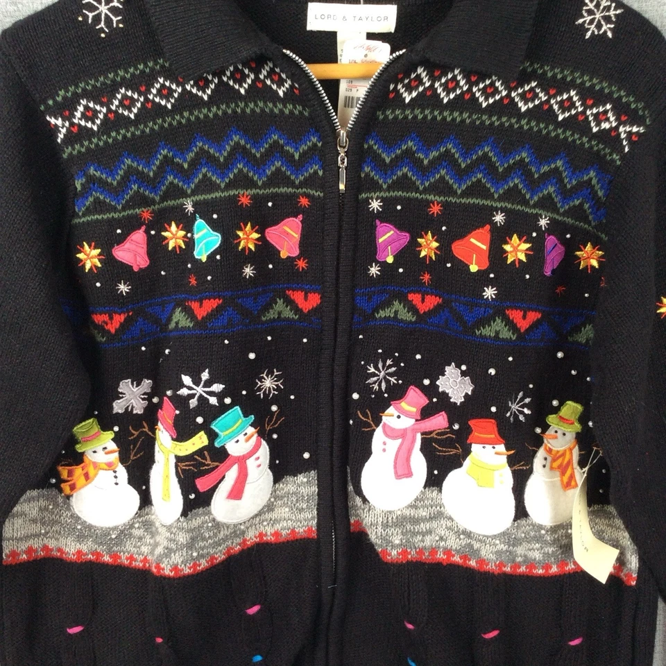 Lord & Taylor Cárdigan Suéter Negro Muñeco de Nieve Navidad Vacaciones Bordado Talla XL Foto 2 de 4