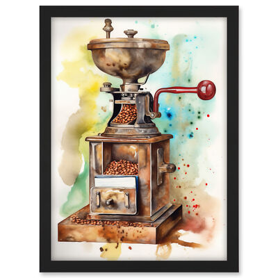 Vintage Kaffeemühle Modern Aquarell Gemälde Gerahmt Kunst Bild Druck A3