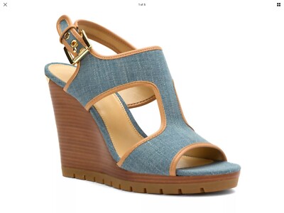 NWT MICHAEL KORS Ladies GILLIAN WEDGE WASHED DENIM and TAN Leather Size 9M 